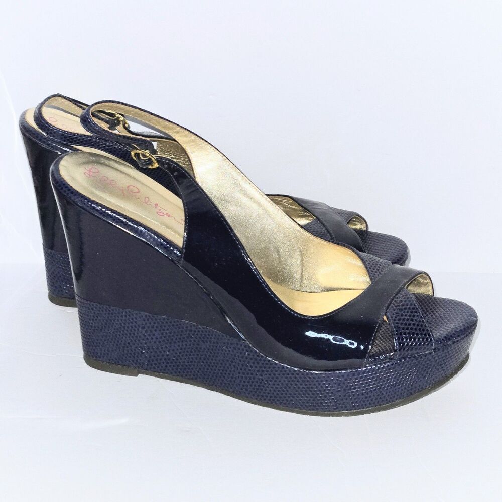 LILLY PULITZER Sandal Leather Blue SnakeskinTexture PeepToe Slingback Women 7.5W